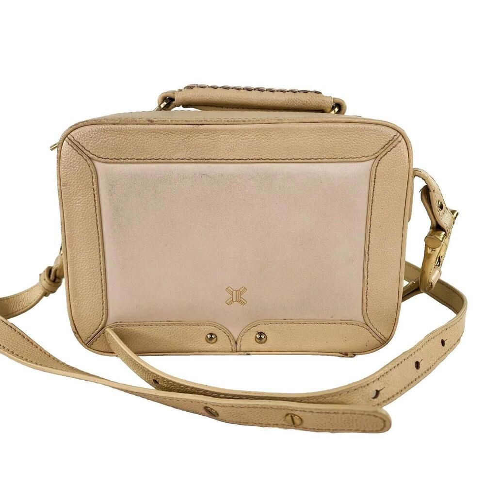Neutral Beige Leather Crossbody Camera Bag with Adjustable Strap